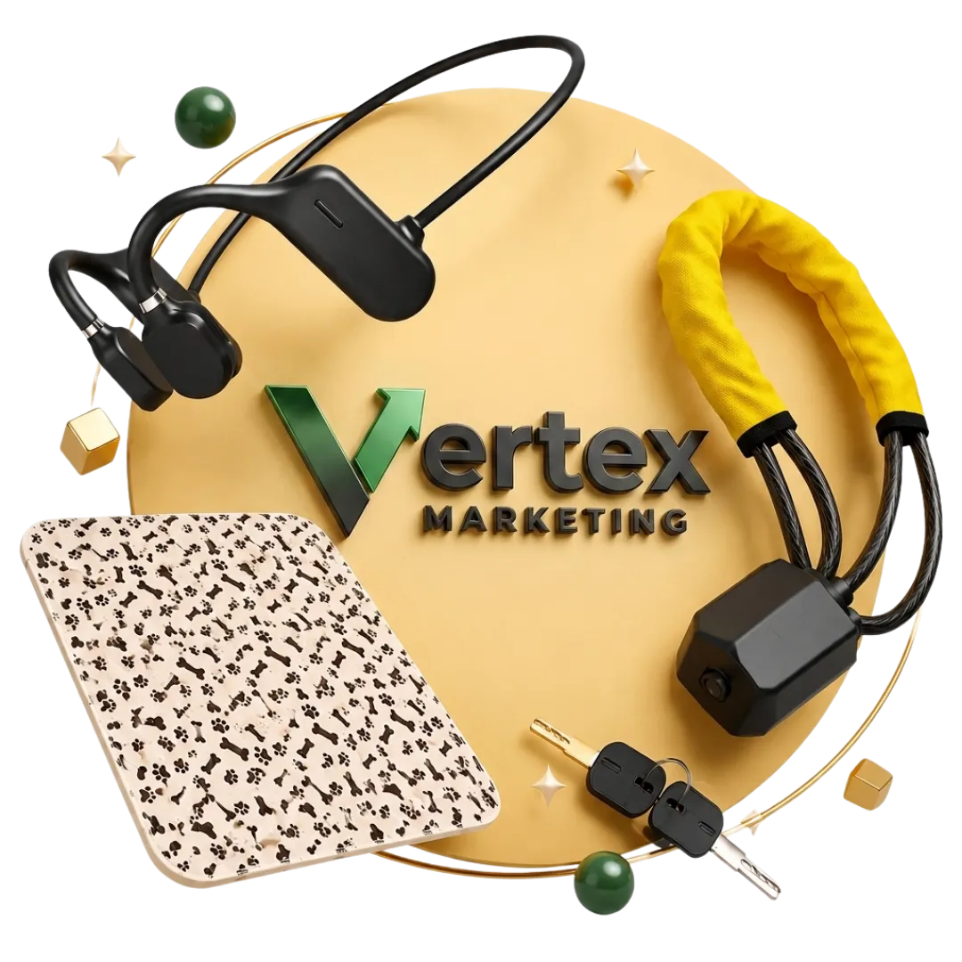 A selection of Vertex products including a neck fan, fitness band, camping lantern and phone case