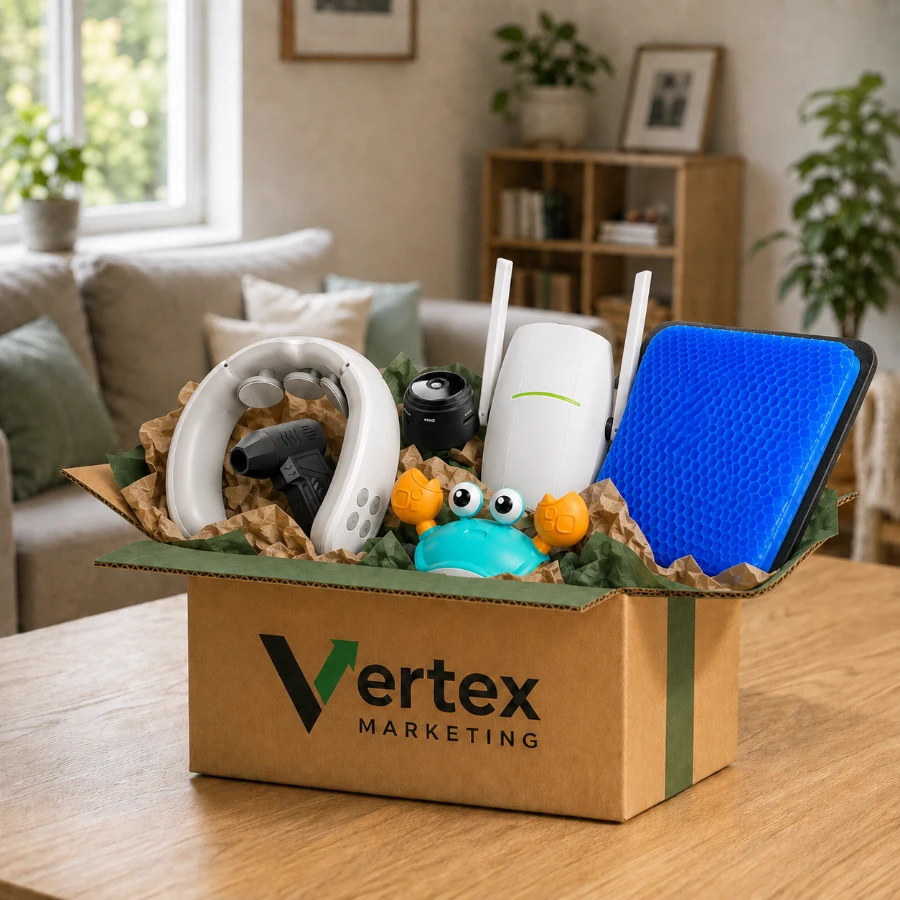 A Vertex box of curated products on a livi table