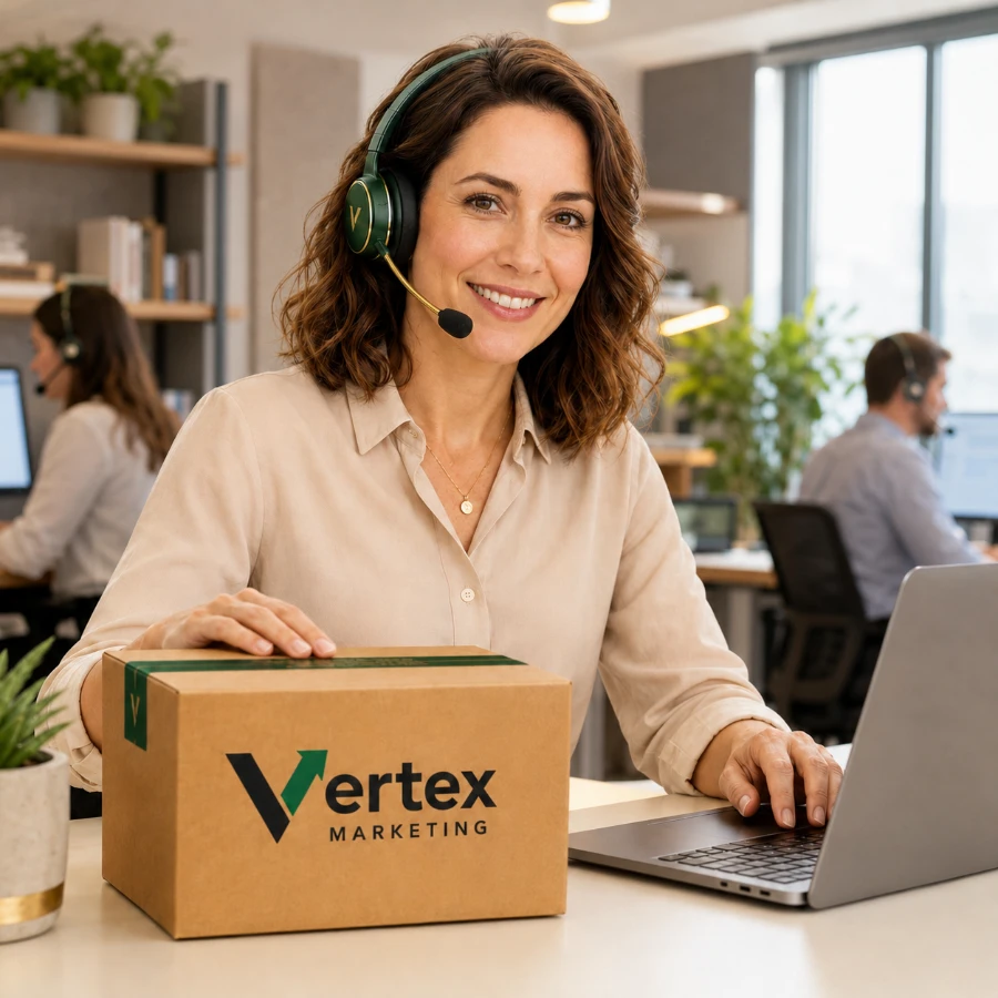 A Vertex support agent with a headset at her desk