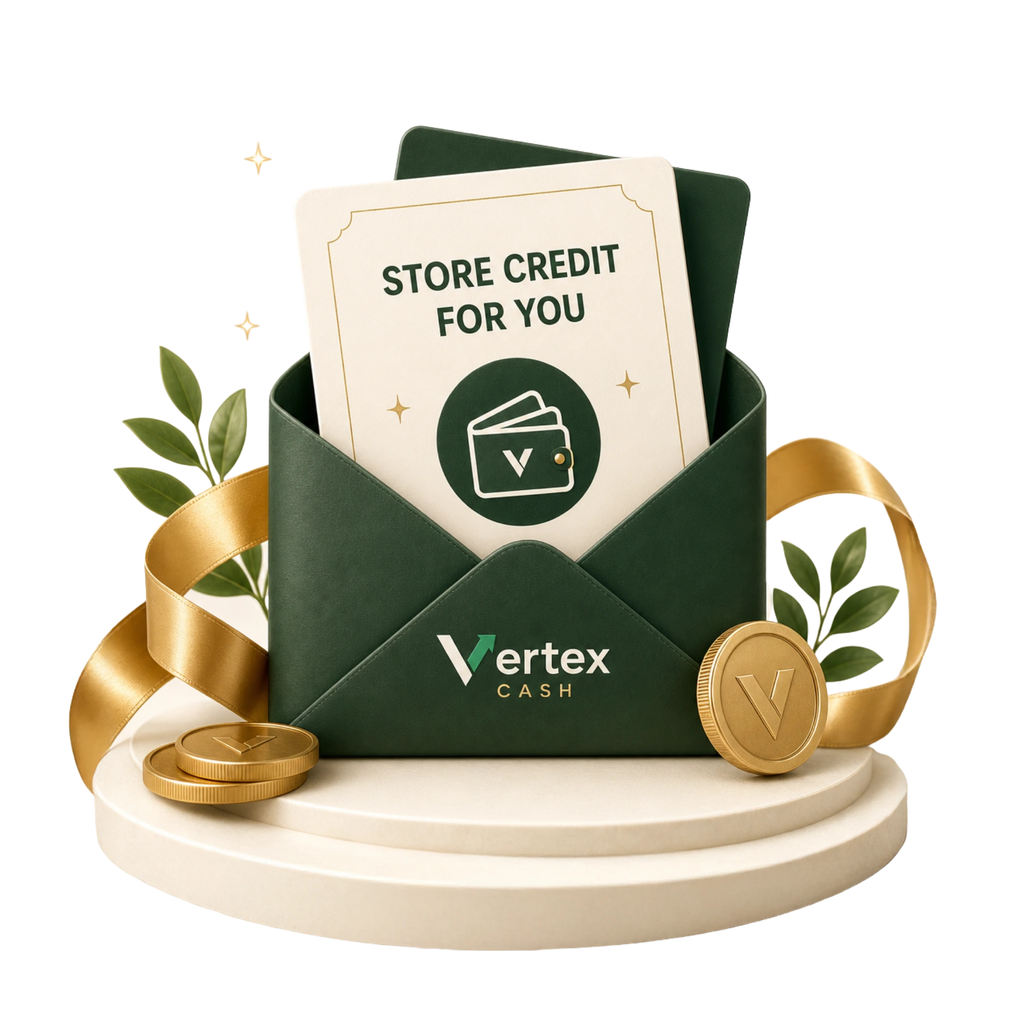 Modern Lifestyle Cash envelope holding a store credit card, gold coins and ribbon